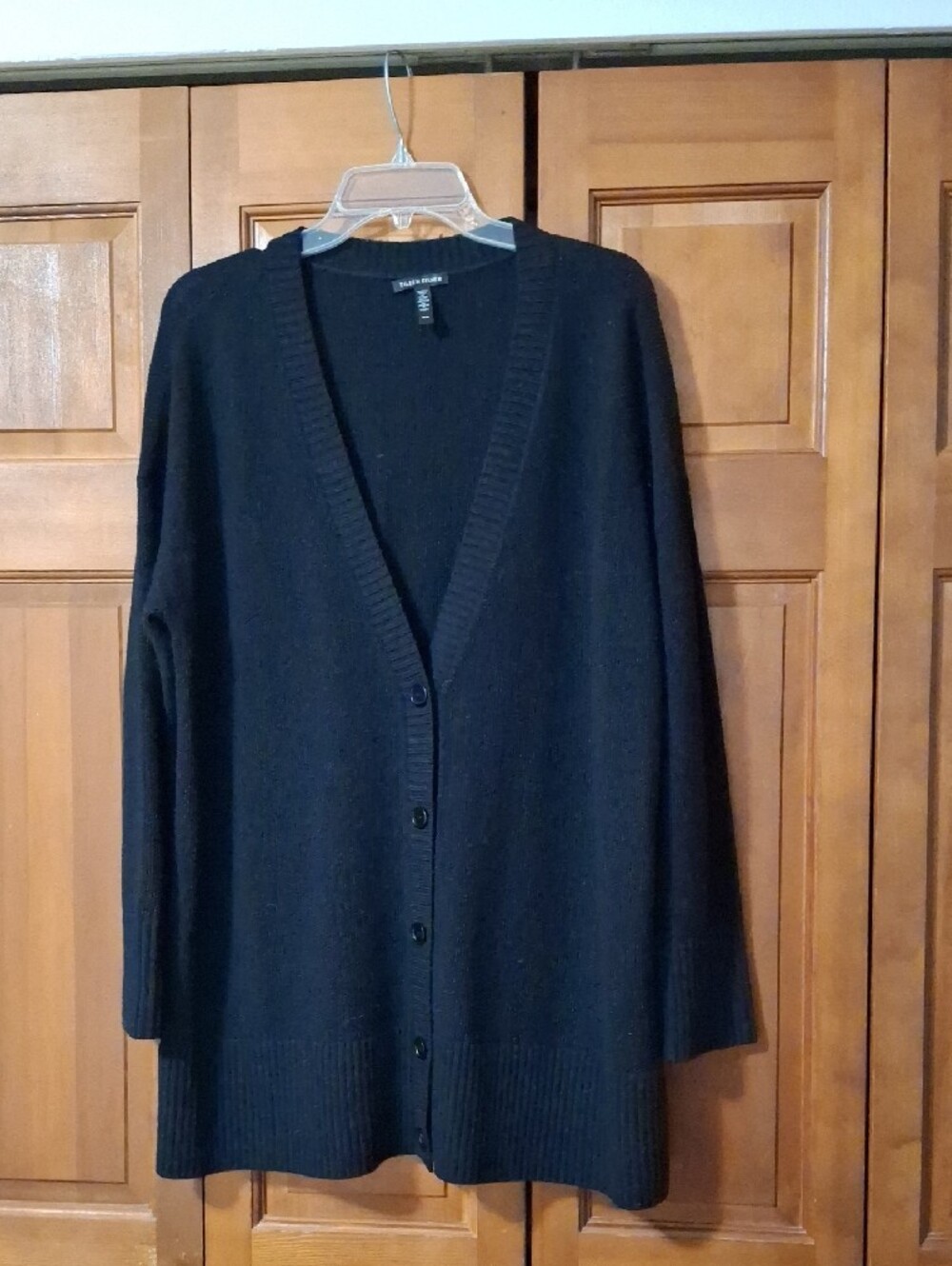 Eileen Fisher Black V-Neck Button Front Long Line Merino Wool Cardigan Size Med.